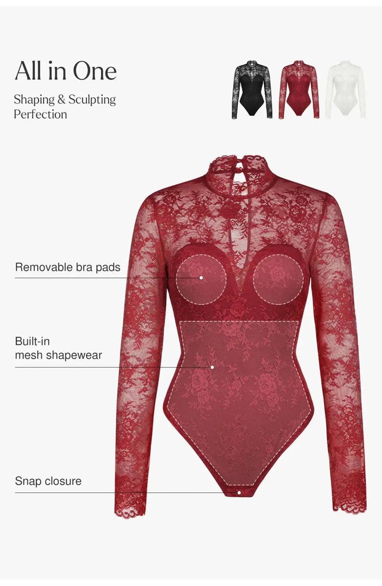 Popilush Shapewear Mock Neck Long Sleeve Floral Lace Bodysuit, Alternate, color, Midnight Black