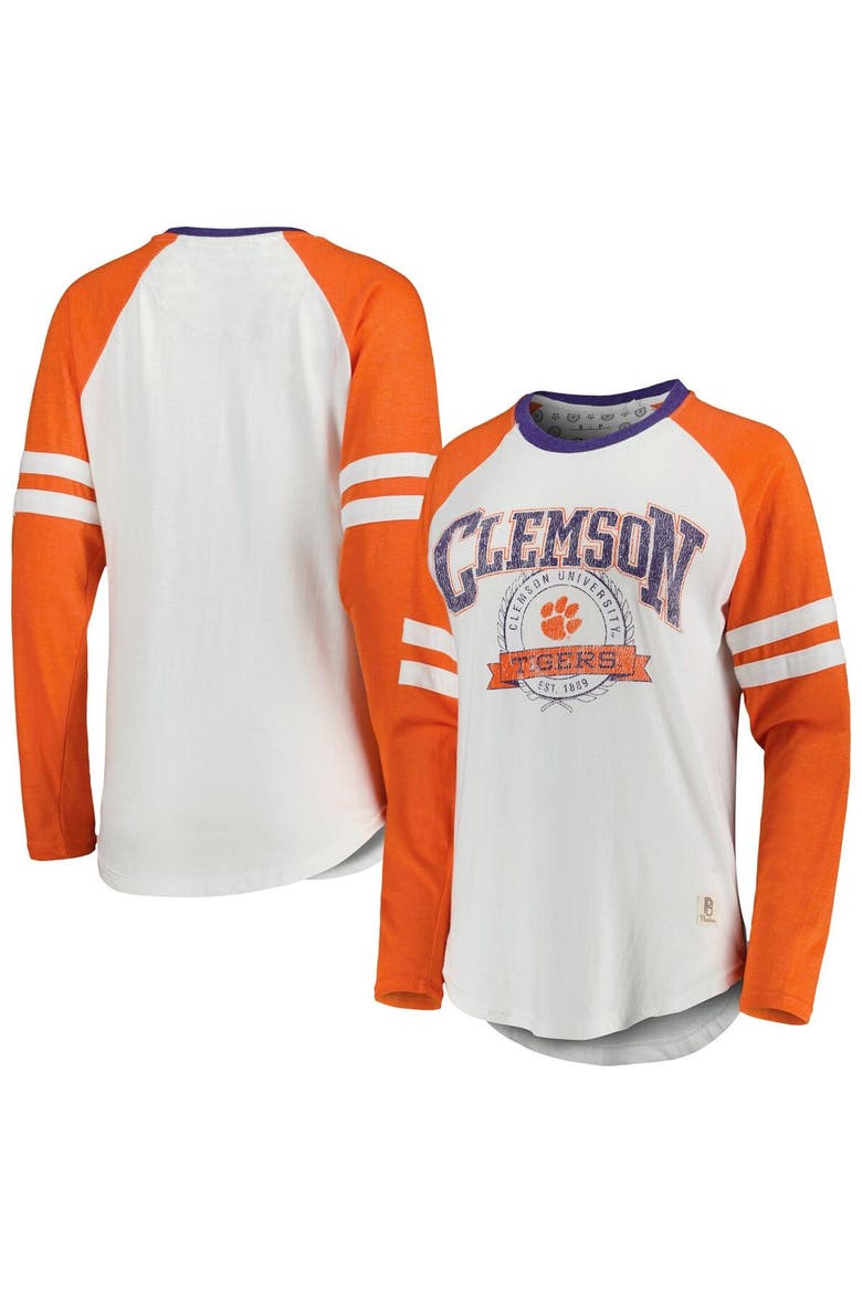 Women's Pressbox White/Orange Clemson Tigers Brooking Sleeve Stripe Raglan Long Sleeve T-Shirt, Main, color, White