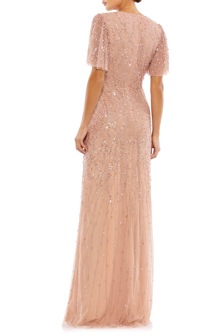 Women’s Embellished Flutter Sleeve Evening Gown, Alternate, color, NUDE
