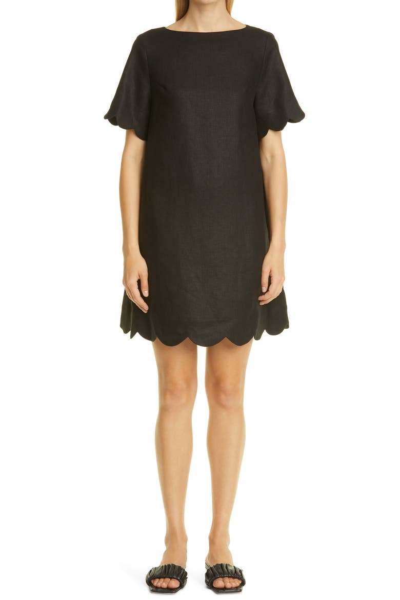Scallop Button Linen T-Shirt Dress, Main, color, BLACK