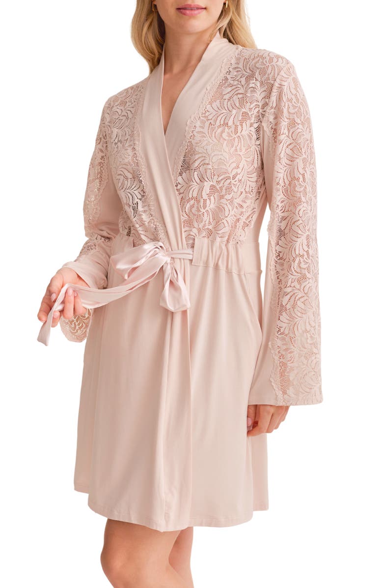 Fleur't Purely Yours Lace Trim Robe, Main, color, Champagne