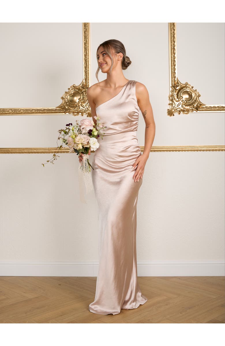 Six Stories One Shoulder Satin Bridesmaid Dress, Alternate, color, Oyster