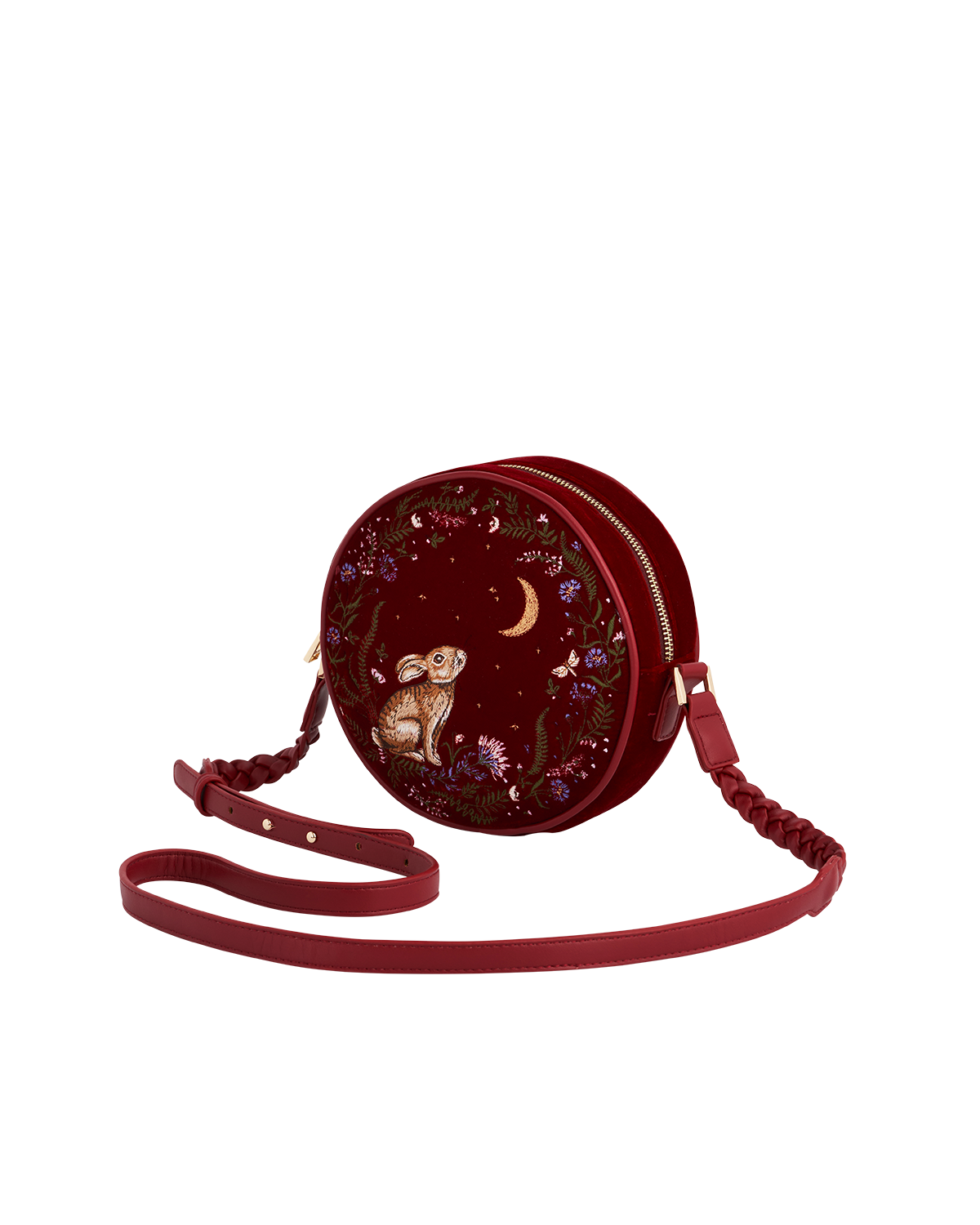 Fable England Star Gazing Rabbit Red Embroidered Circle Bag, Alternate, color, Ruby Red