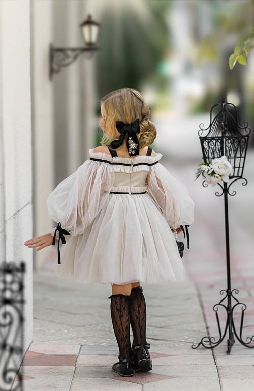 Petite Maison Girls' Coco Caramel Tulle Dress With Sheer Puff Tulle Sleeves - Baby, Little Kid, Big Kid In Beige And Black