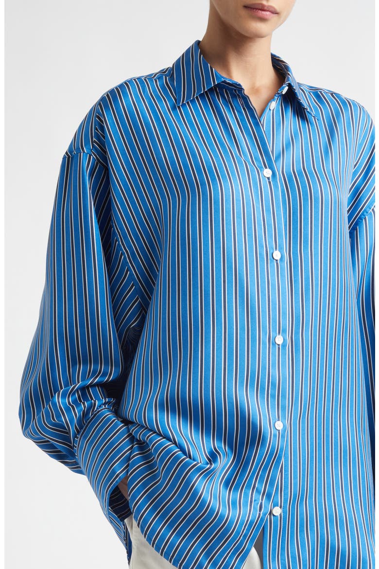 Oversize Stripe Silk Button-Up Shirt, Alternate, color, BLUE/ NAVY