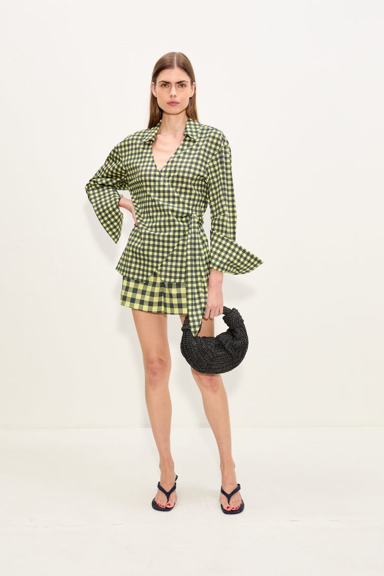 Anya Poplin Wrap Top, Alternate, color, Peridot/Ebony Gingham
