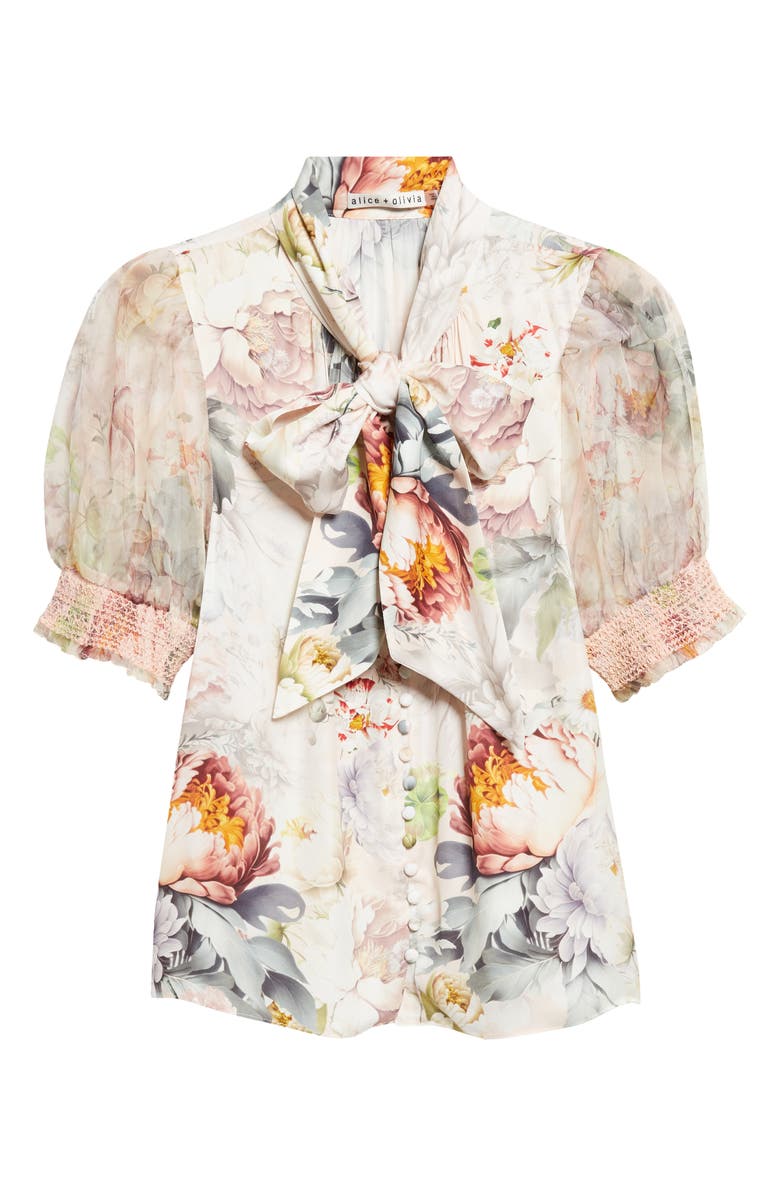Alice + Olivia Brentley Floral Tie Neck Button-Up Top, Main, color, Sweet Peony