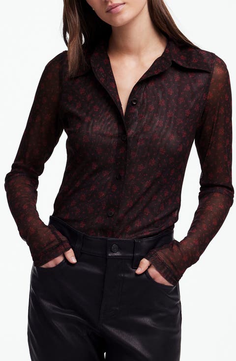 Long Sleeve Mesh Button-Up Top