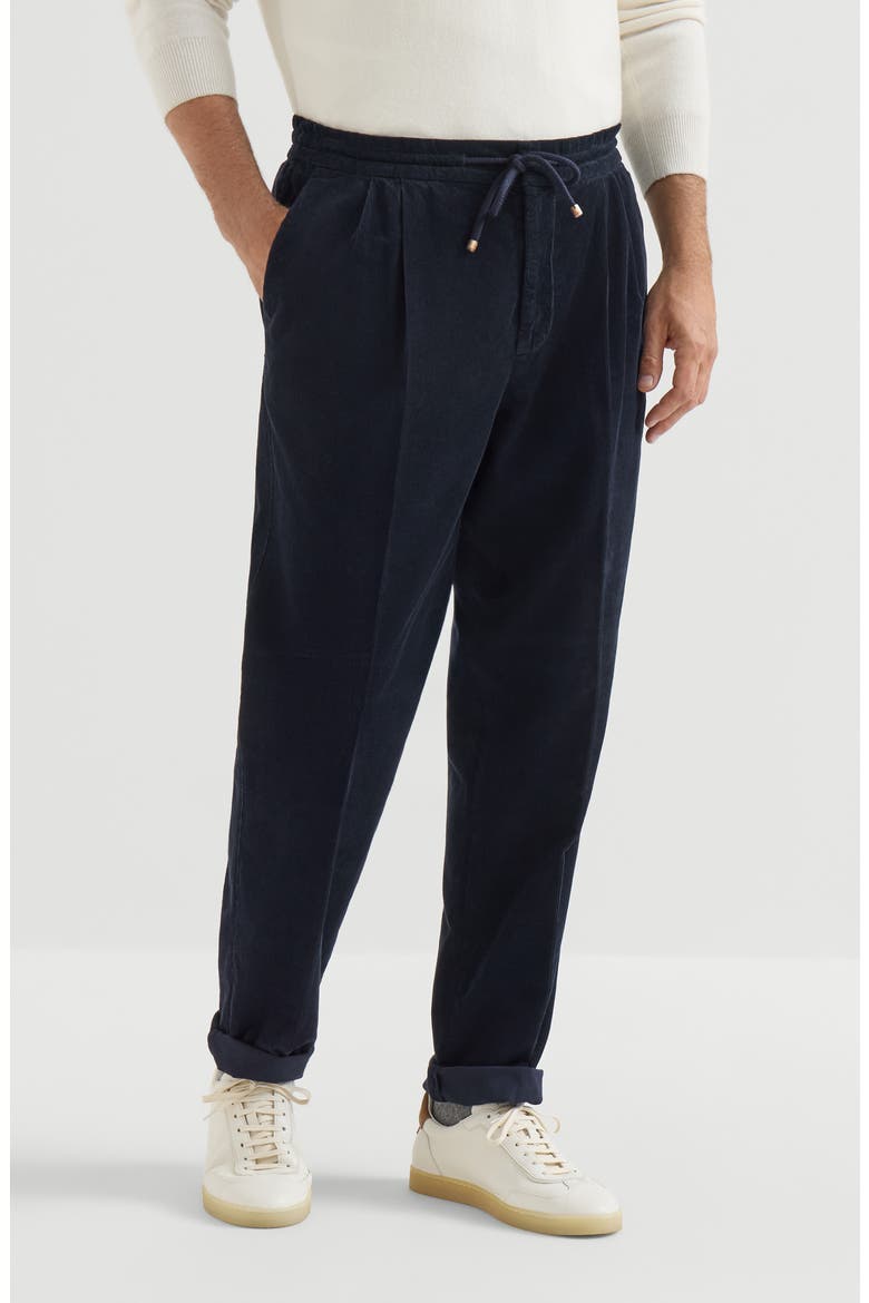 Garment-dyed trousers in cotton narrow wale corduroy with drawstring and double pleats, Main, color, Navy Blue