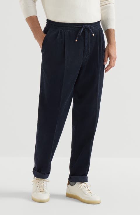 Garment-dyed trousers in cotton narrow wale corduroy with drawstring and double pleats