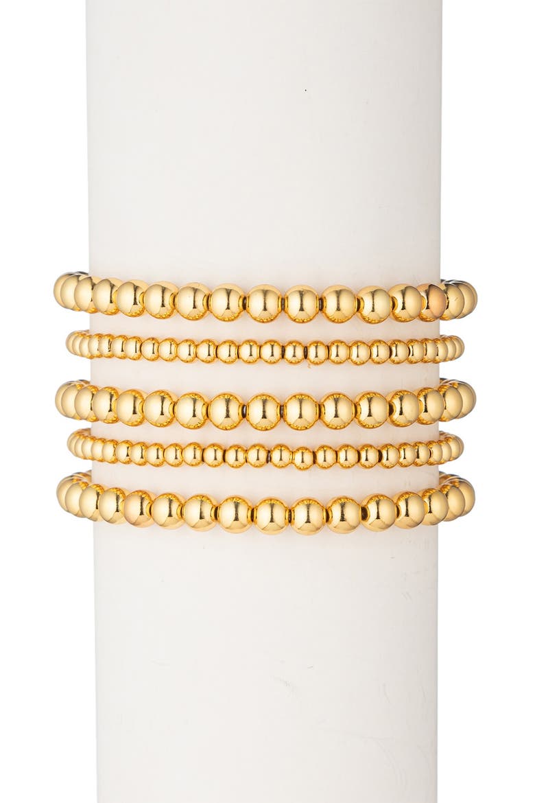 Emma Set of 5 Titanium Beaded Stretch Bracelets, Main, color, GOLD
