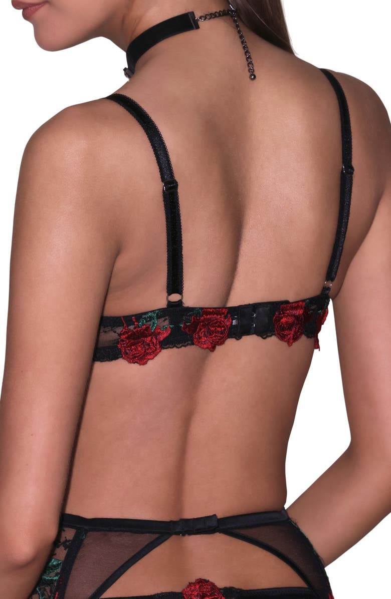 Fleur Du Mal Bleeding Rose Embroidered Underwire Demi Bra, Alternate, color, Black