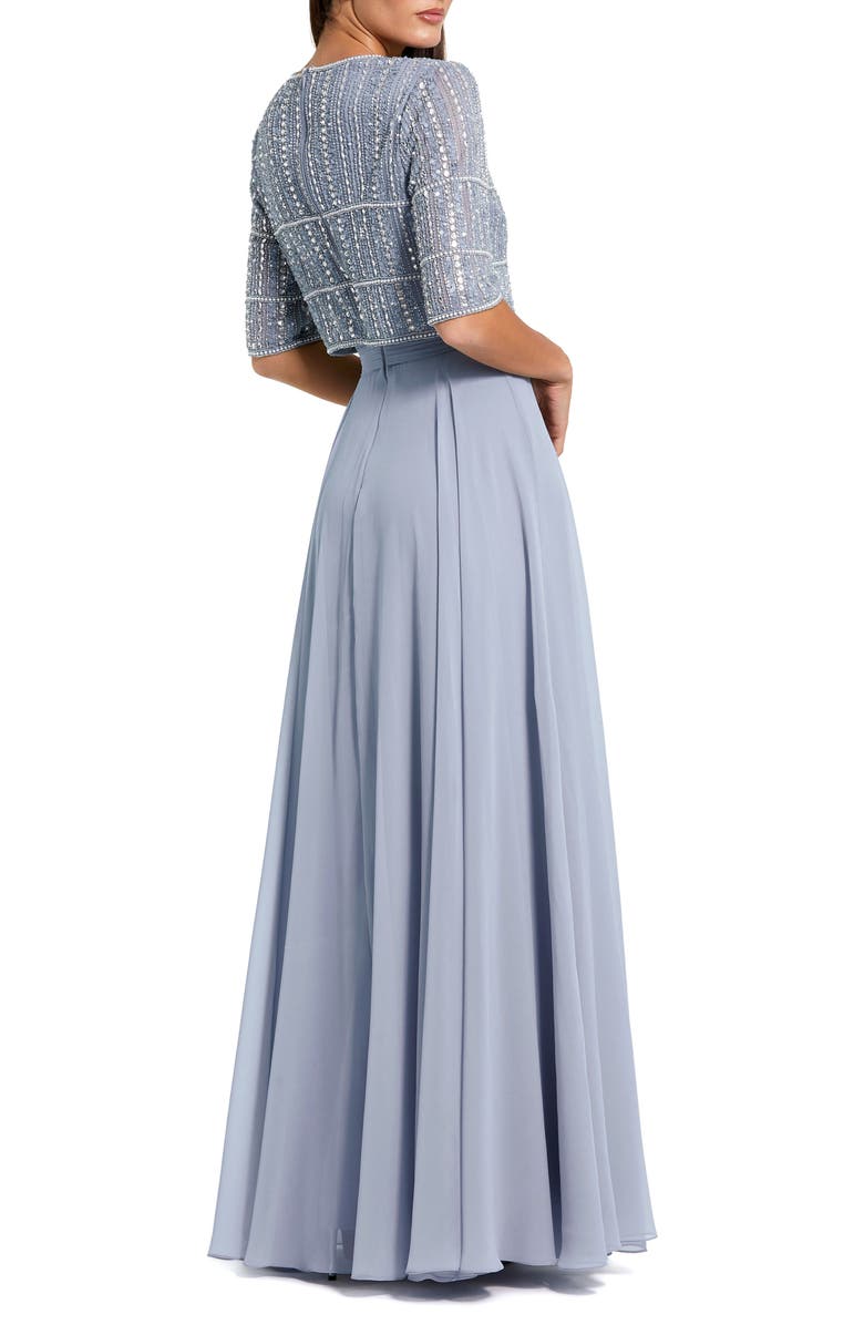 Mac Duggal Fully Beaded 3/4 Sleeves Top Chiffon Gown, Alternate, color, Powder Blue