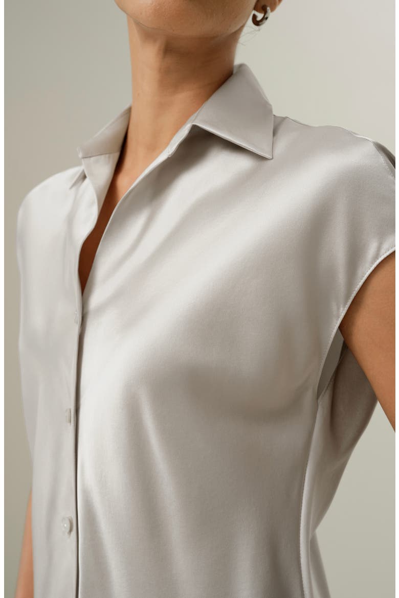 Women's Bias Cut Cap-Sleeve Silk Shirt, Alternate, color, Moonlight Gray