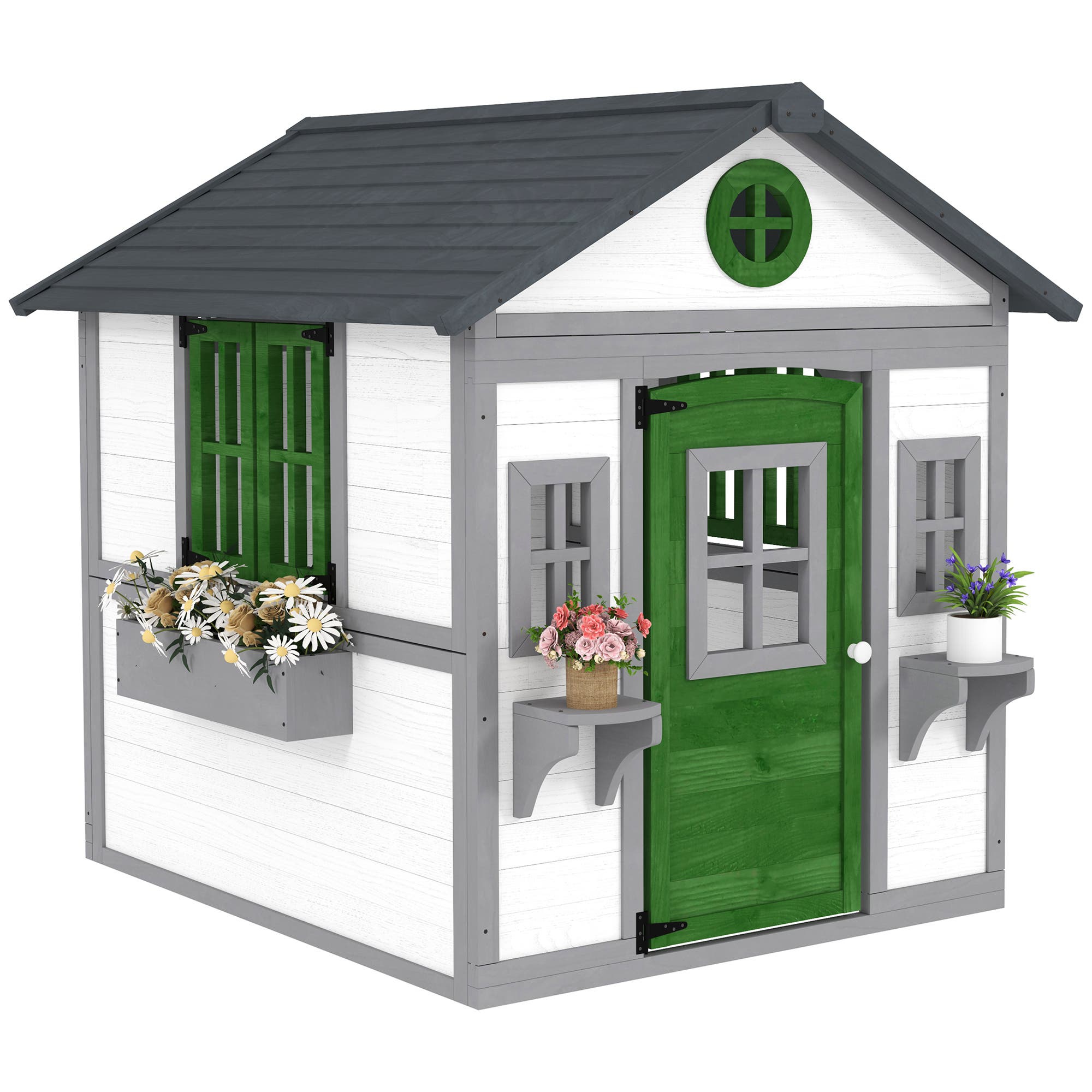 Outsunny Playhouse for Kids with Doors, Windows, Planter Pots, Indoor/Outdoor Use in White 