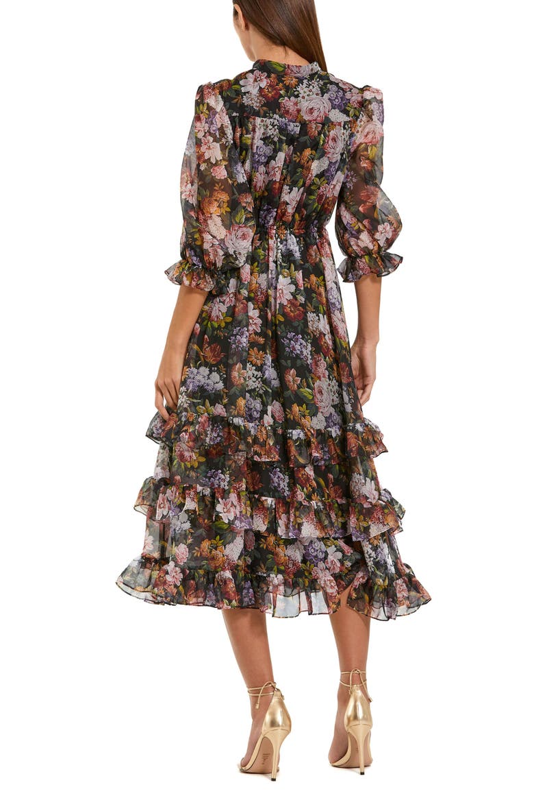 Chiffon 3/4 Sleeve A Line Midi Dress With Ruffles, Alternate, color, Black Multi