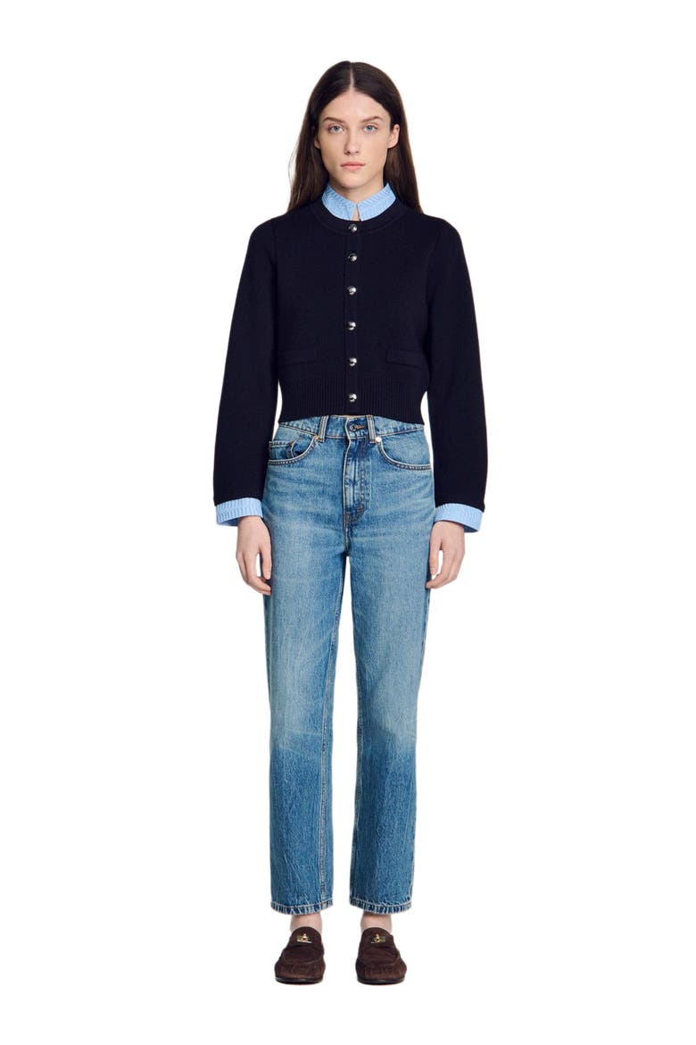 Two-tone origami collar cardigan, Alternate, color, Navy blue