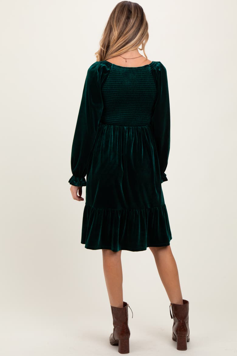 Velvet Smocked Long Sleeve Dress, Alternate, color, Forest Green