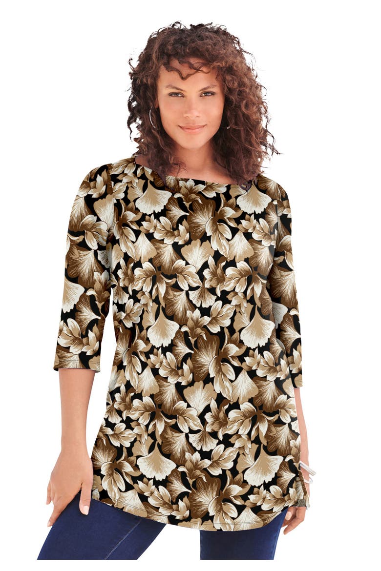 Plus Size Cotton Ultimate Boatneck Tunic With Side Slits, Main, color, CAMEL GINKGO LEAVES