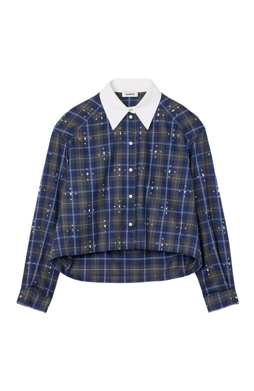 Sandro Womens Blue Rhinestone-embellished Relaxed-fit Checked Cotton Shirt In Blue
