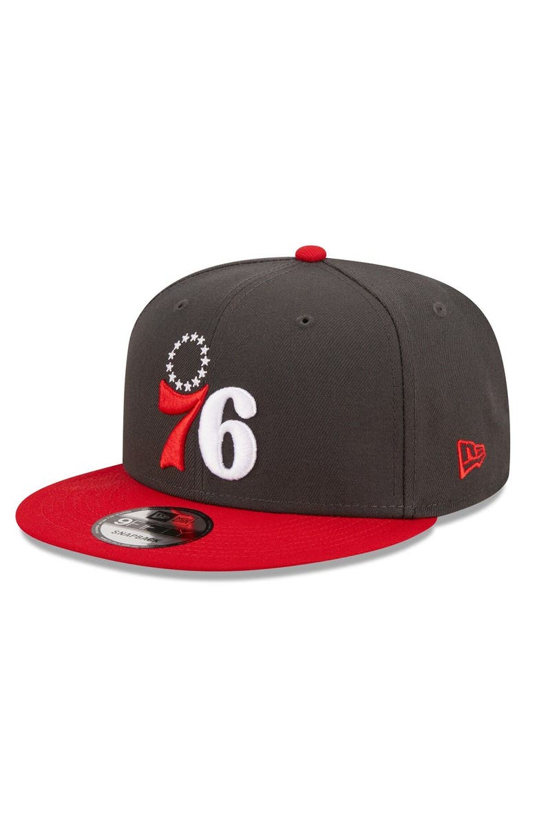 New Era Men's New Era  Charcoal/Scarlet Philadelphia 76ers Two-Tone Color Pack 9FIFTY Snapback Hat, Main, color, 