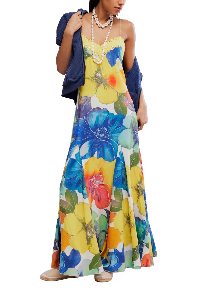 Bloomspell Floral Lace Trim Maxi Dress, Main, color, TROPICAL COMBO