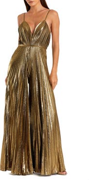 Mac Duggal Women's Metallic Pleated Wide-Leg V-Neck Jumpsuit