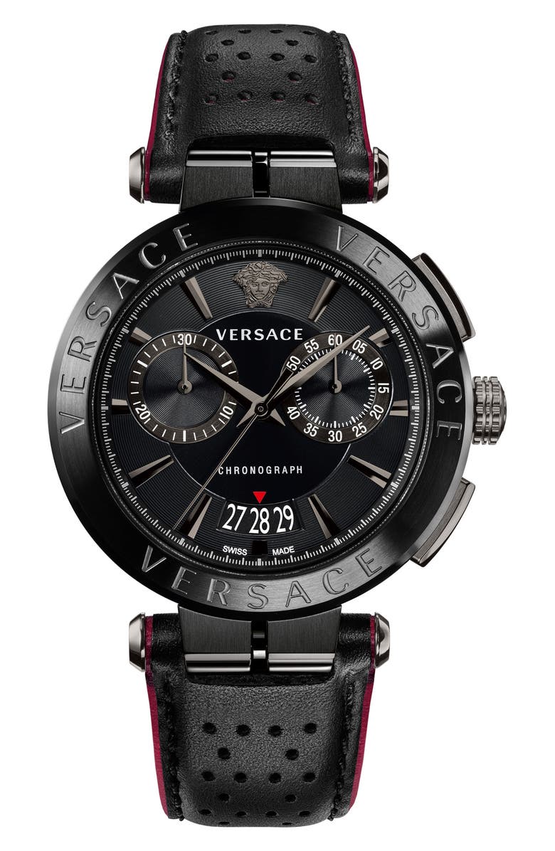 Versace Aion Chronograph Leather Strap Watch, 45mm, Main, color,