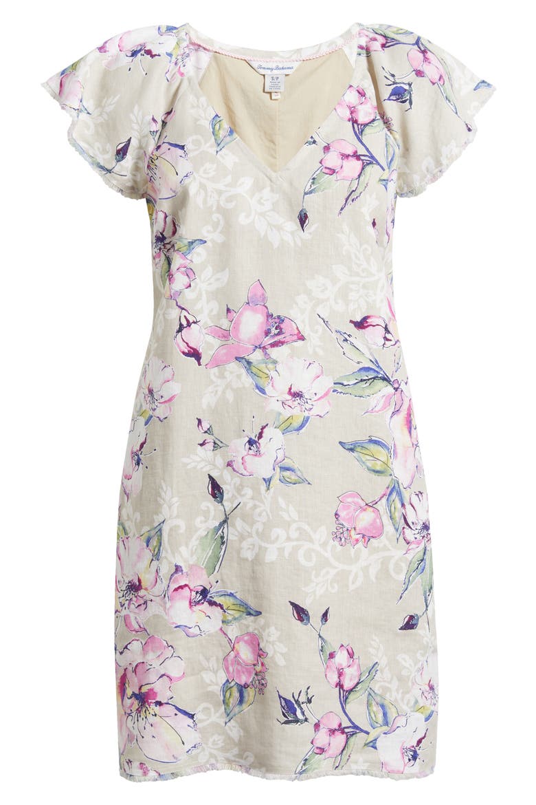 Floral Gardens Flutter Sleeve Linen Minidress, Alternate, color, PURE KHAKI