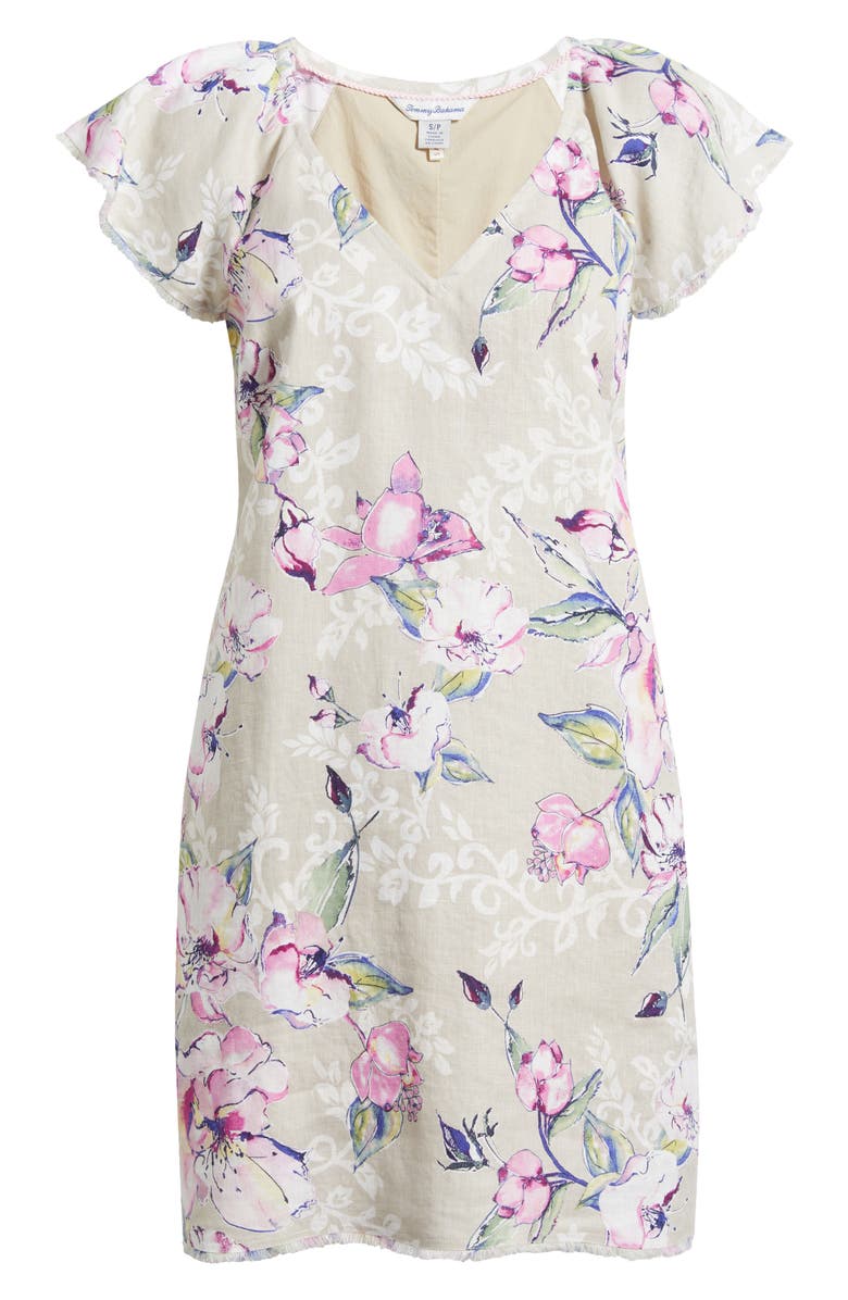 Tommy Bahama Floral Gardens Flutter Sleeve Linen Minidress, Alternate, color, Pure Khaki