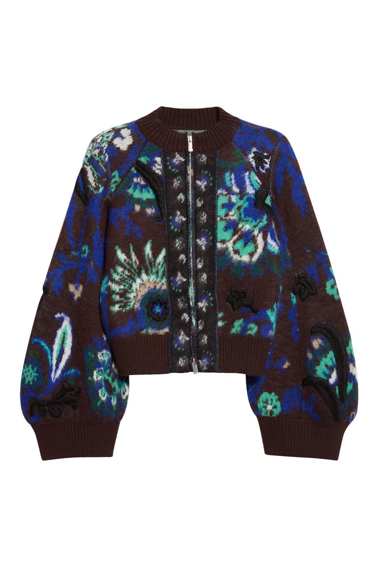 Floral Jacquard Balloon Sleeve Knit Blouson, Main, color, BROWN