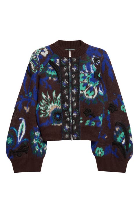 Floral Jacquard Balloon Sleeve Knit Blouson