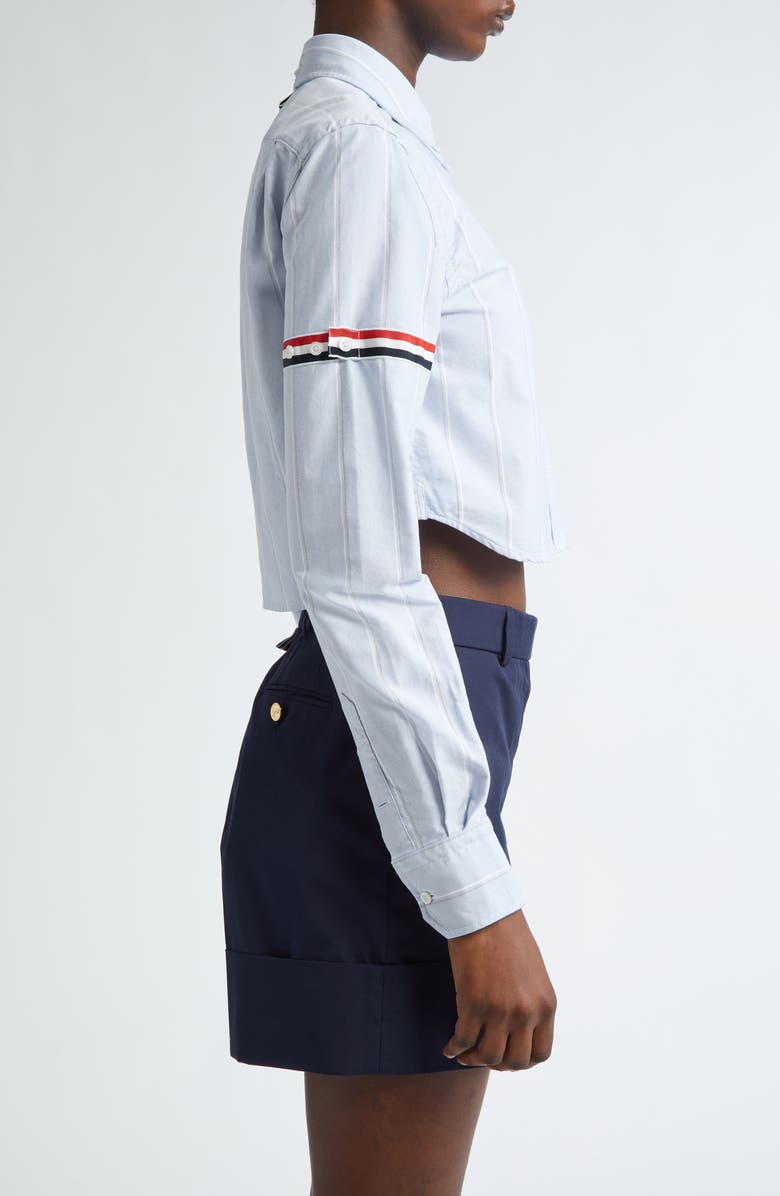 Thom Browne Armband Stripe Cotton Poplin Crop Button-Down Shirt, Alternate, color, Navy