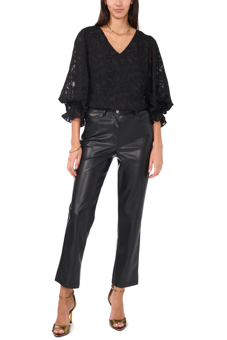 Lace Shirred Cuff Top, Alternate, color, RICH BLACK