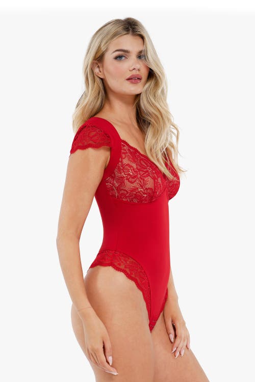 Popilush Shapewear Cap Sleeve Slimming Lace Cup Bodysuit In Cherry Red