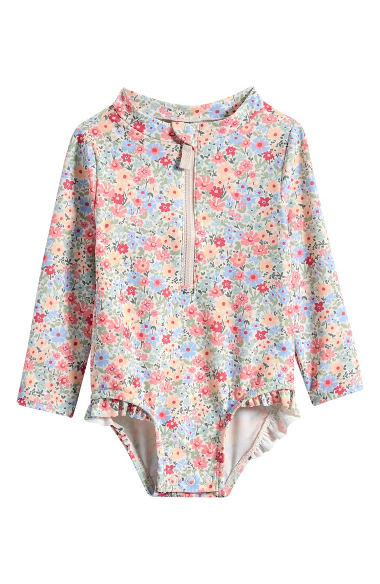Little Planet Floral Print Ruffle Long Sleeve One-Piece Rashguard Swimsuit, Main, color, Floral Multi