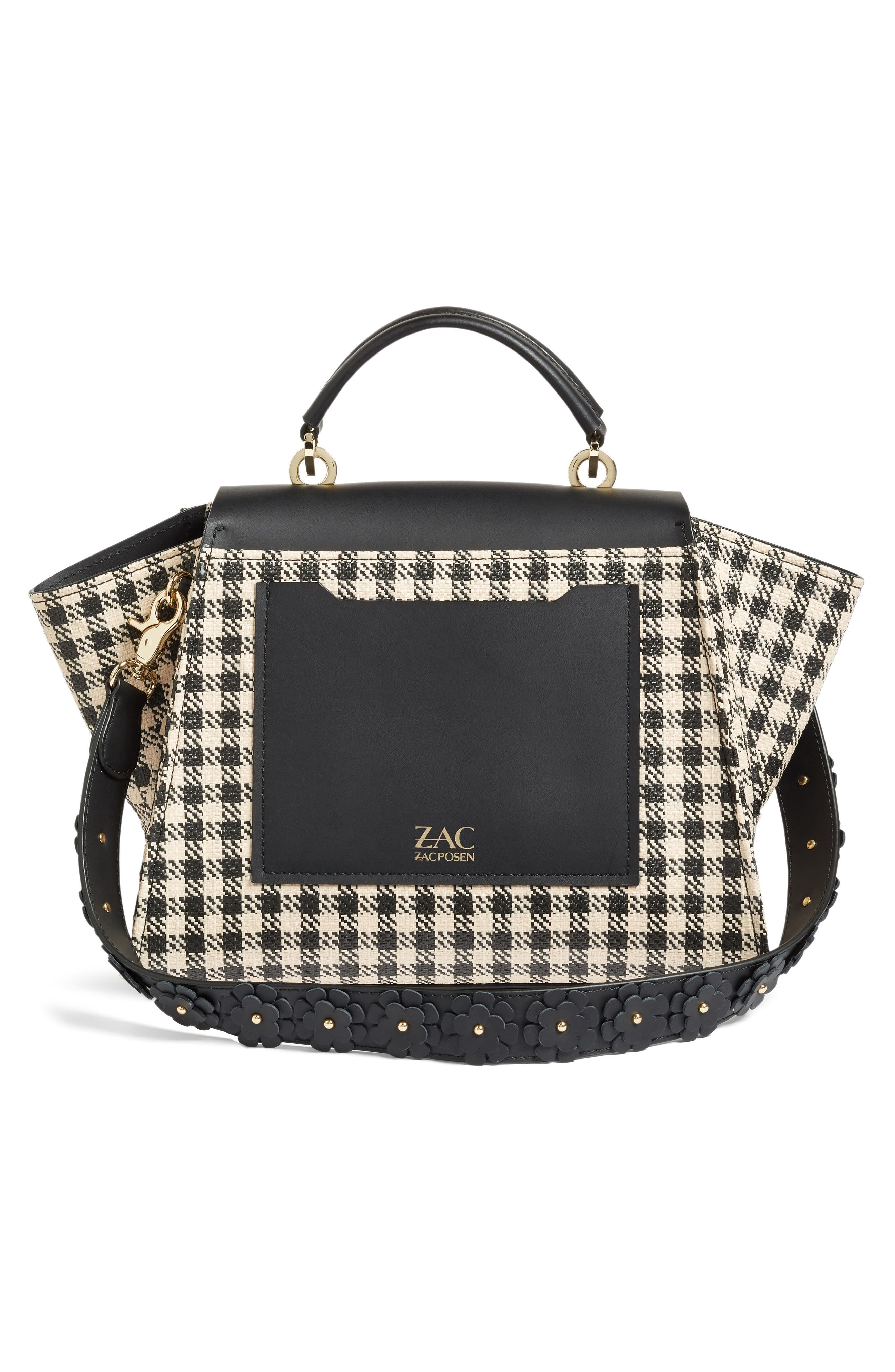 Eartha Gingham Straw Top Handle Satchel with Flower Guitar Strap, Alternate, color, BLACK GINGHAM