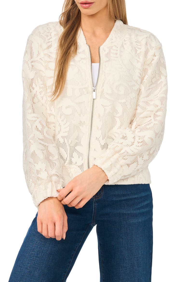 Floral Lace Knit Bomber Jacket, Main, color, NEW IVORY