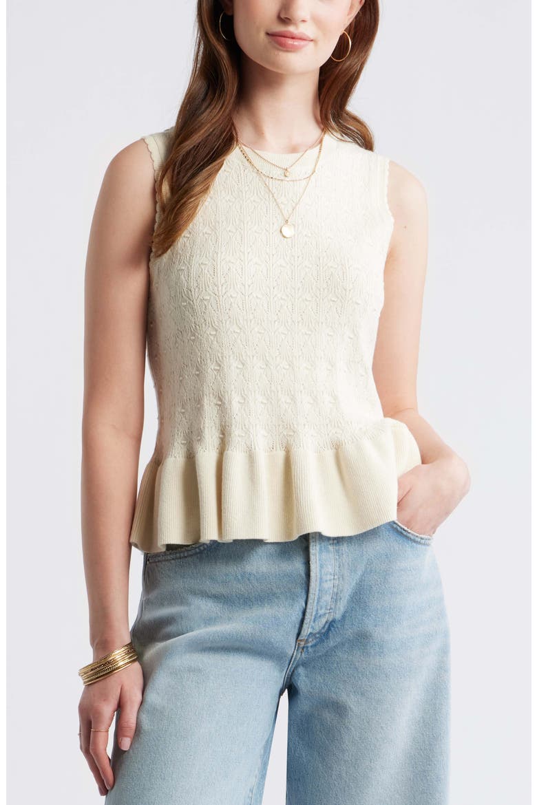 Pointelle Peplum Sleeveless Sweater, Main, color, IVORY DOVE