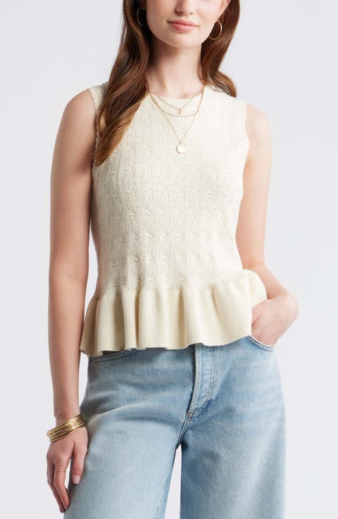 Pointelle Peplum Sleeveless Sweater