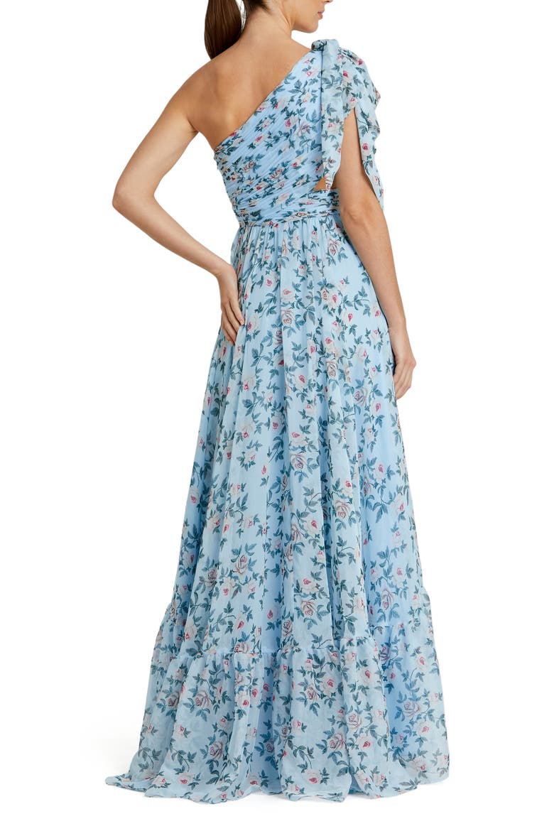 Women's One-Shoulder Floral Chiffon A-Line Gown, Alternate, color, Aqua Multi