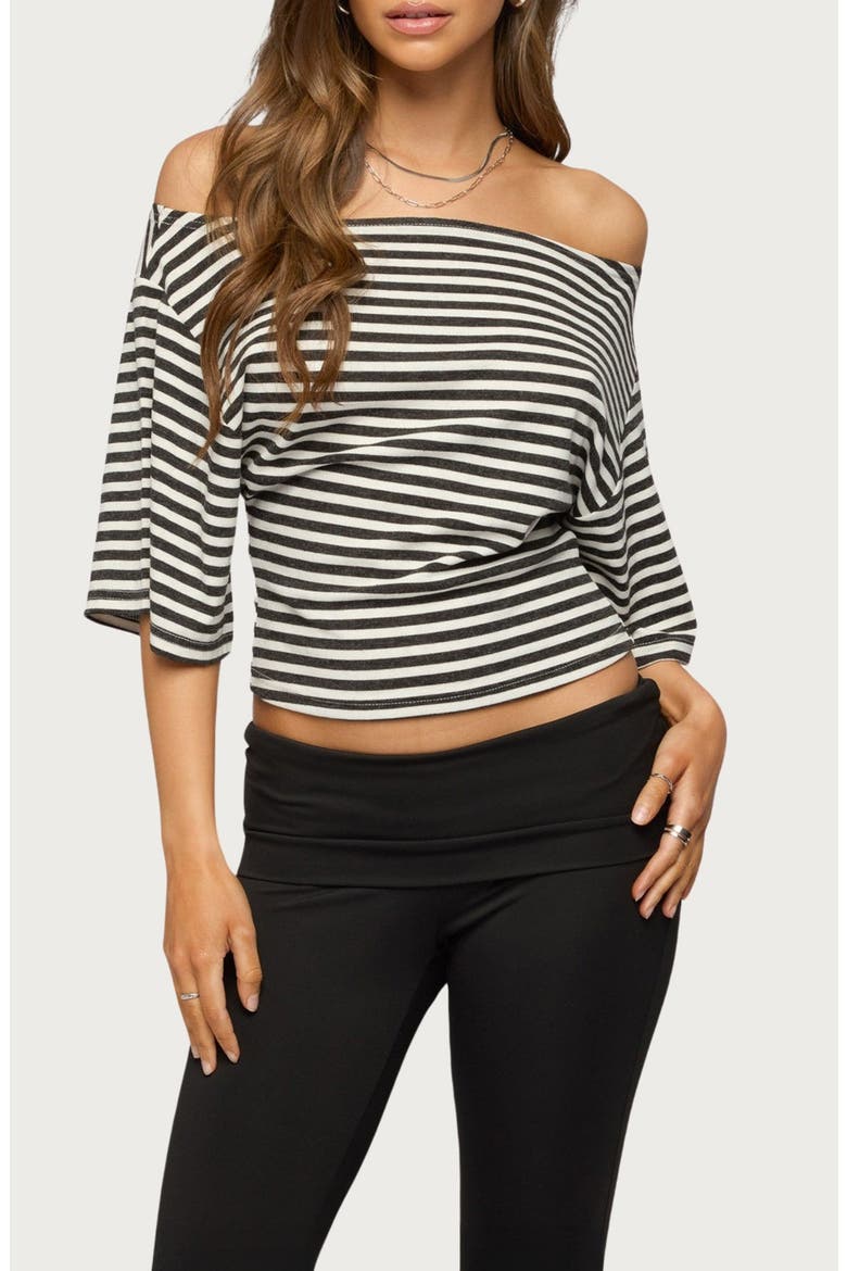 Jadan Stripe Off the Shoulder Top, Main, color, DARK-GRAY-AND-WHITE