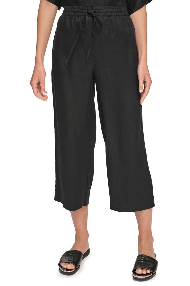 Drawstring Crop Linen Pants, Main, color, BLACK