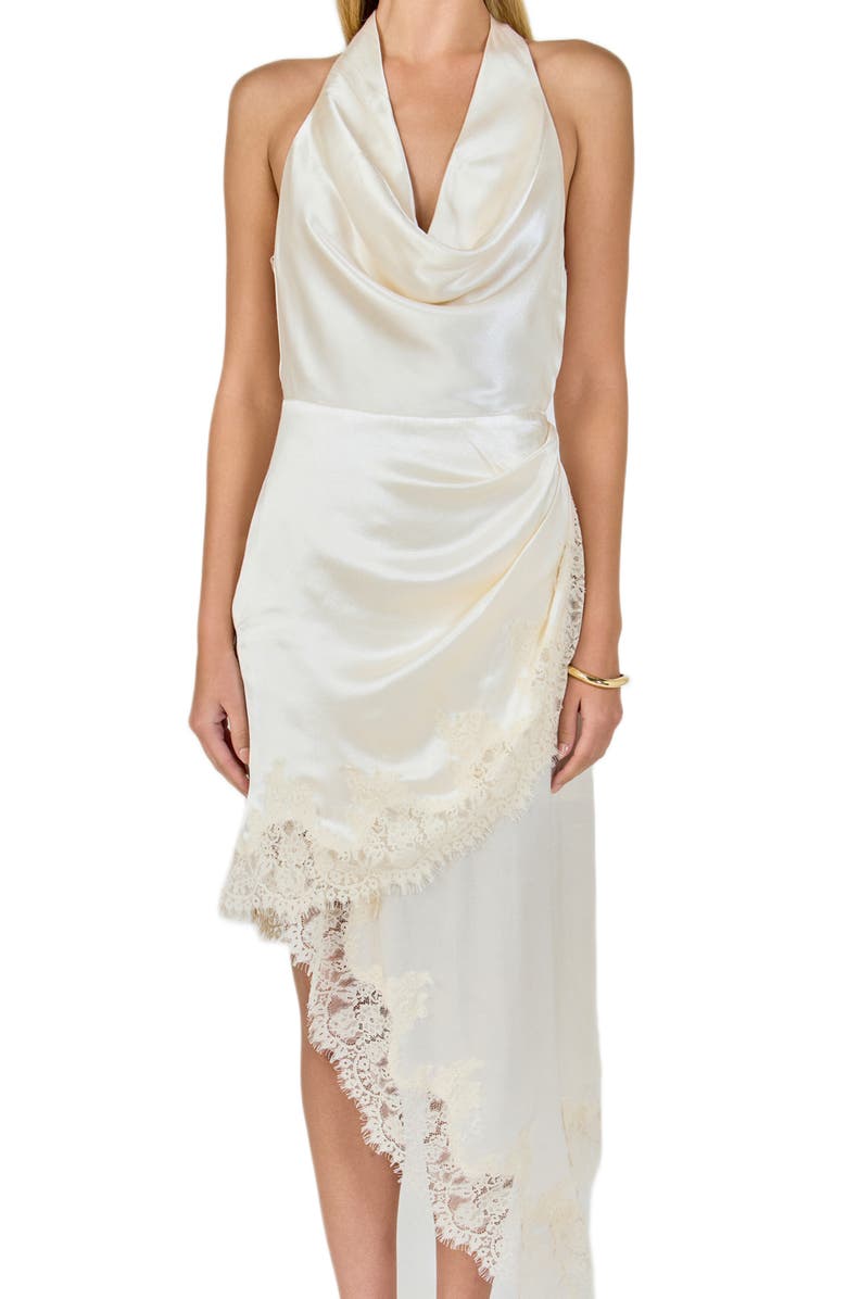 Endless Rose Lace Satin Asymmetric Halter Midi Dress, Alternate, color, Champagne