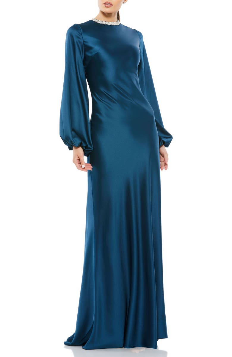 Mac Duggal Beaded High Neck Bishop Sleeve Satin Gown, Main, color, Sapphire