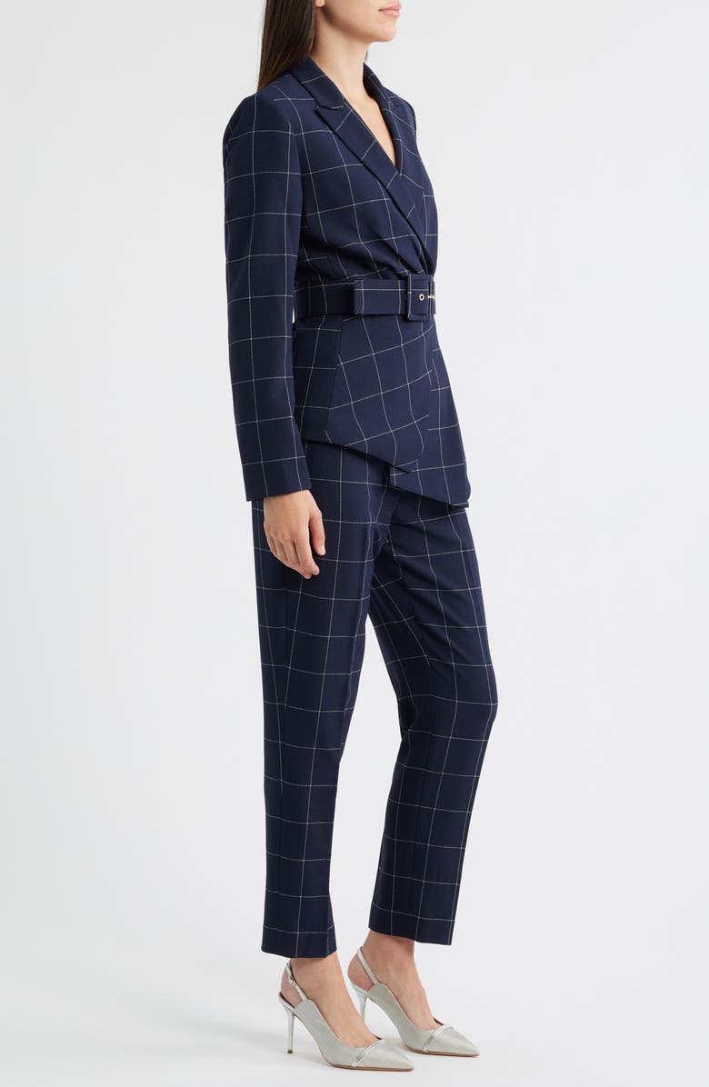 Tahari ASL Windowpane Check Belted Blazer & Pants Set, Alternate, color, Navy Ivory