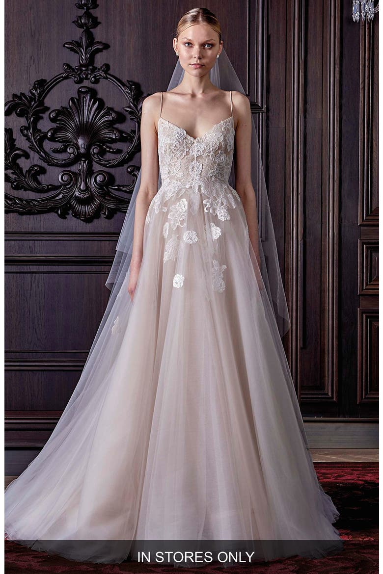 Severine Chantilly Lace & Tulle Gown, Main, color, SILK WHITE/ NUDE