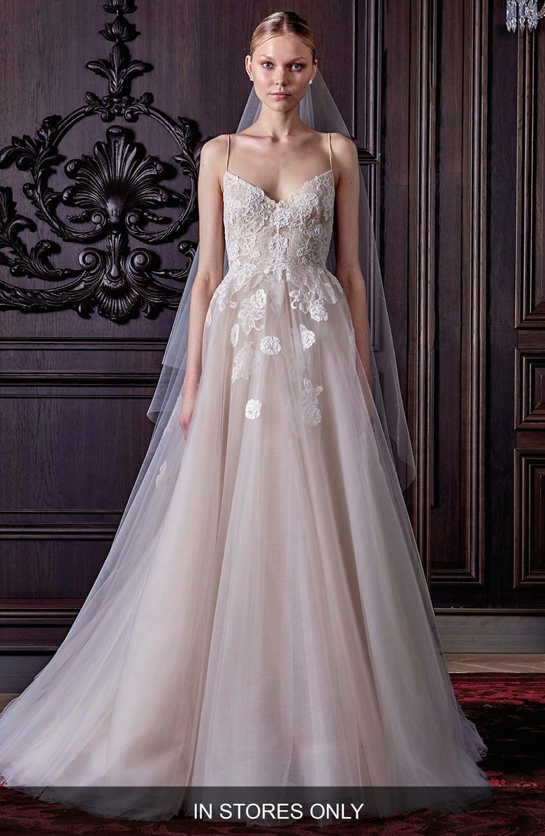 Monique Lhuillier Severine Chantilly Lace & Tulle Gown, Main, color, 