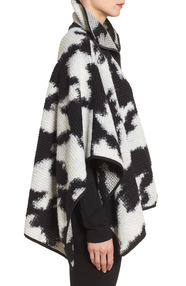 French Connection Zip Front Houndstooth Wool Blend Poncho, Alternate, color, 