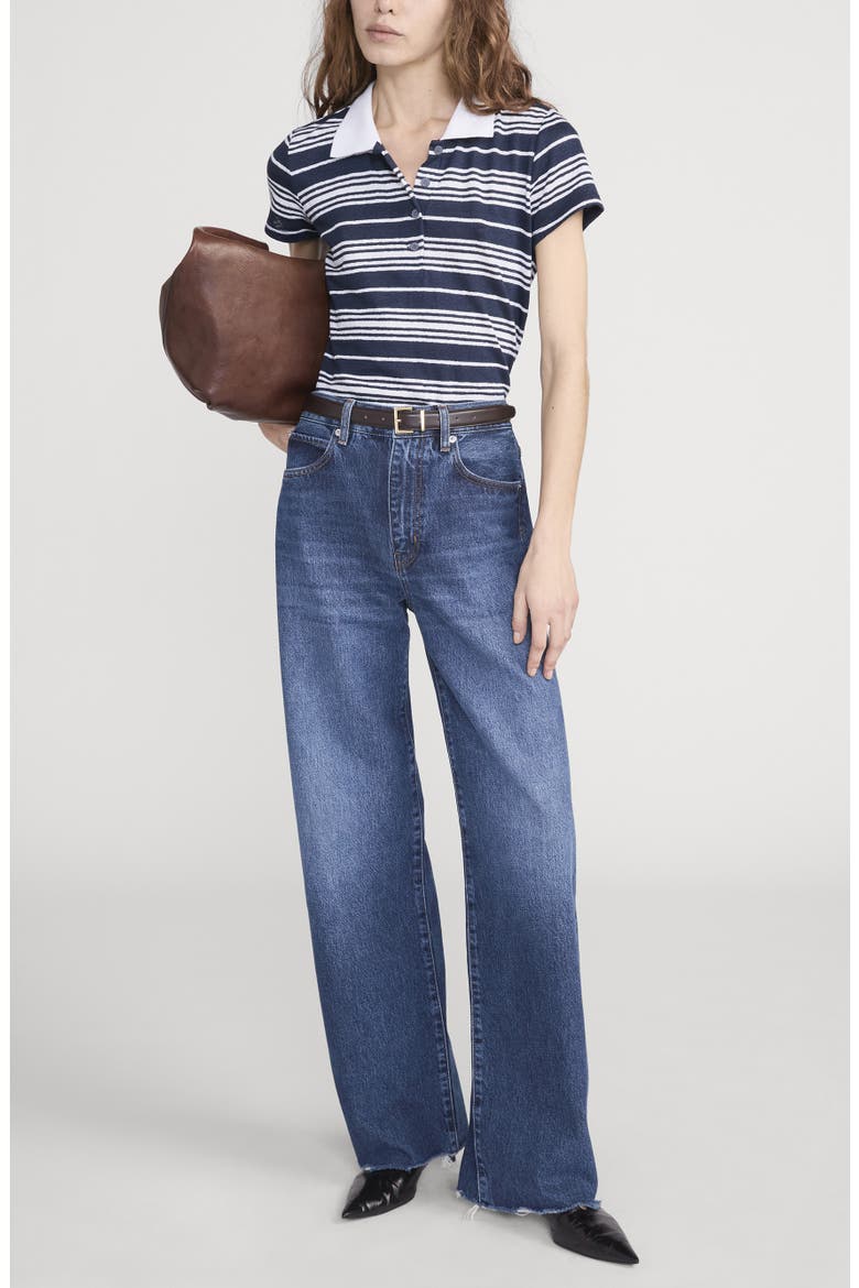 The Stripe Stretch Linen Polo Top, Alternate, color, NAVY MULTI